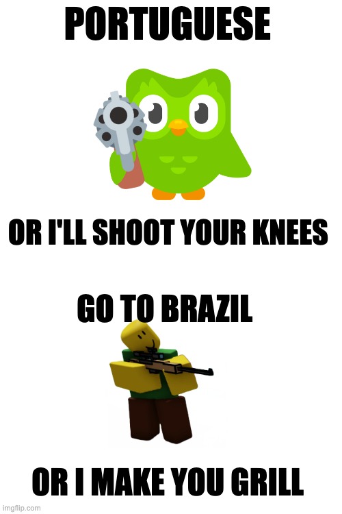 how to survive Duolingo | PORTUGUESE; OR I'LL SHOOT YOUR KNEES; GO TO BRAZIL; OR I MAKE YOU GRILL | image tagged in duolingo,rhymes,memes,blank white template,funny | made w/ Imgflip meme maker