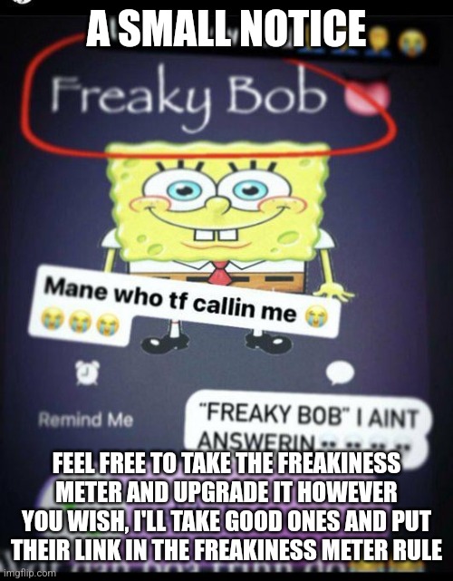 A SMALL NOTICE; FEEL FREE TO TAKE THE FREAKINESS METER AND UPGRADE IT HOWEVER YOU WISH, I'LL TAKE GOOD ONES AND PUT THEIR LINK IN THE FREAKINESS METER RULE | made w/ Imgflip meme maker