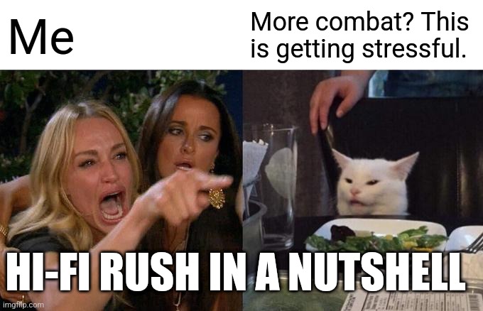 More combat? | Me; More combat? This is getting stressful. HI-FI RUSH IN A NUTSHELL | image tagged in memes,woman yelling at cat | made w/ Imgflip meme maker