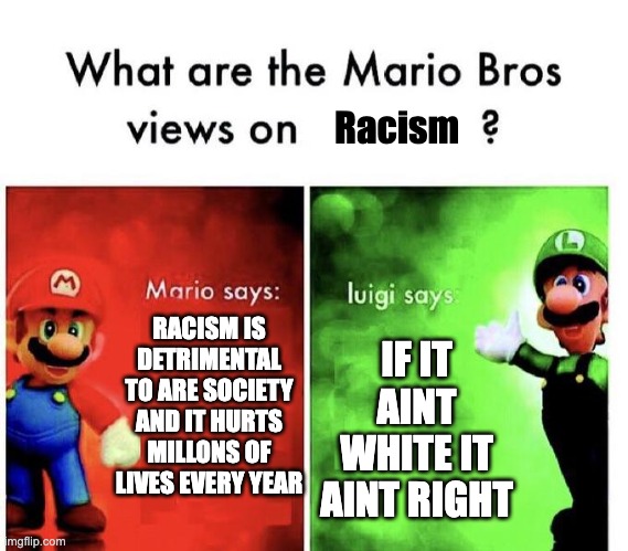 Mario Bros Views | Racism; RACISM IS DETRIMENTAL TO ARE SOCIETY AND IT HURTS MILLONS OF LIVES EVERY YEAR; IF IT AINT WHITE IT AINT RIGHT | image tagged in mario bros views,racist,memes | made w/ Imgflip meme maker