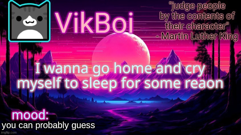 . | I wanna go home and cry myself to sleep for some reaon; you can probably guess | image tagged in vikboi vaporwave temp | made w/ Imgflip meme maker