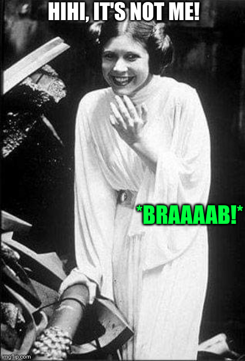 That's silly, isn't it? | HIHI, IT'S NOT ME! *BRAAAAB!* | image tagged in princess leia,farting | made w/ Imgflip meme maker