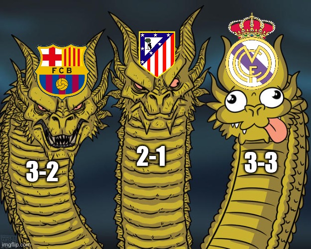 Paris 2-3 Barcelona & Atlético 2-1 Dortmund | The Spanish Trio in the quarters right now | 2-1; 3-3; 3-2 | image tagged in three-headed dragon,barcelona,atletico madrid,real madrid,spain,champions league | made w/ Imgflip meme maker
