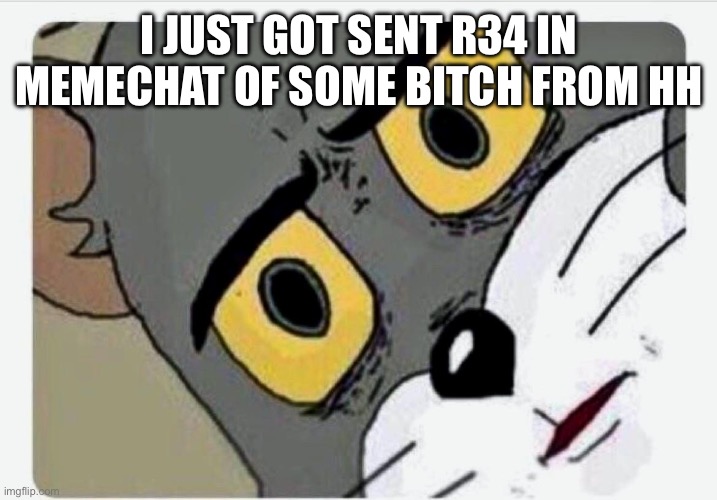 Why did I get that sent to me | I JUST GOT SENT R34 IN MEMECHAT OF SOME BITCH FROM HH | image tagged in disturbed tom | made w/ Imgflip meme maker
