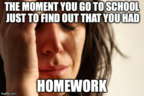 First World Problems | THE MOMENT YOU GO TO SCHOOL JUST TO FIND OUT THAT YOU HAD HOMEWORK | image tagged in memes,first world problems | made w/ Imgflip meme maker