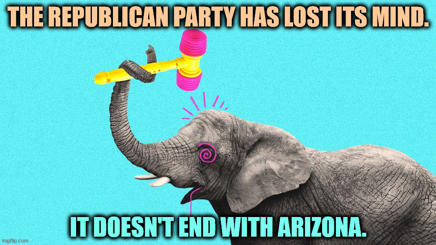 Arizona just lost Trump the election. Fox pretended it didn't happen, but it did. | THE REPUBLICAN PARTY HAS LOST ITS MIND. IT DOESN'T END WITH ARIZONA. | image tagged in crazy gop republican elephant hammers his own head,arizona,abortion,losers | made w/ Imgflip meme maker