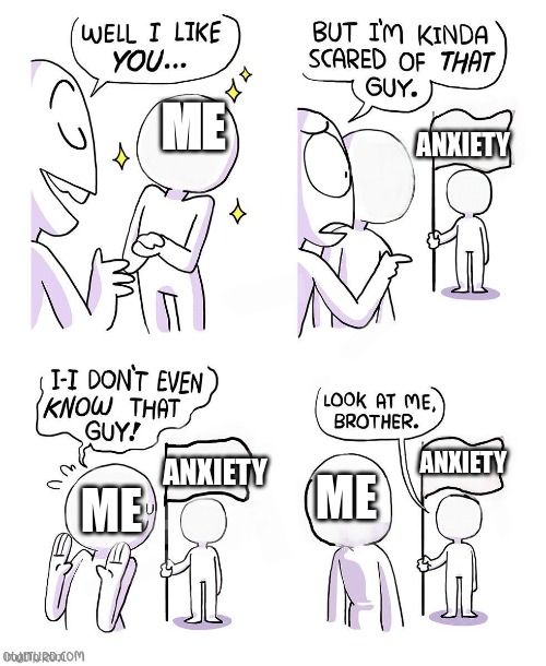 me life | ME; ANXIETY; ANXIETY; ANXIETY; ME; ME | image tagged in look at me brother but the faces are blank | made w/ Imgflip meme maker