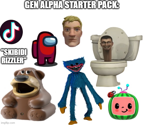 Gen Alpha Starter Pack | GEN ALPHA STARTER PACK:; "SKIBIDI RIZZLER" | image tagged in gen alpha,blank white template,dank memes,cringe,starter pack | made w/ Imgflip meme maker