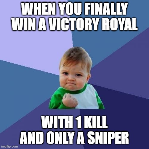 the best feeling ever | WHEN YOU FINALLY WIN A VICTORY ROYAL; WITH 1 KILL AND ONLY A SNIPER | image tagged in memes,success kid | made w/ Imgflip meme maker