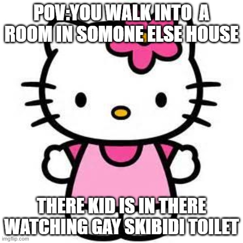 im out | POV:YOU WALK INTO  A ROOM IN SOMONE ELSE HOUSE; THERE KID IS IN THERE WATCHING GAY SKIBIDI TOILET | image tagged in hello kitty | made w/ Imgflip meme maker