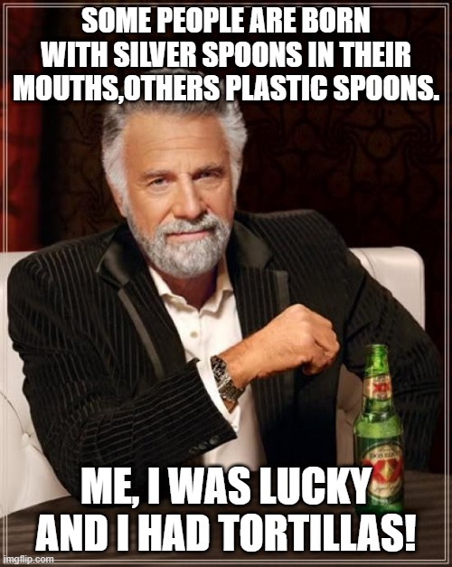 The Most Interesting Man In The World | SOME PEOPLE ARE BORN WITH SILVER SPOONS IN THEIR MOUTHS,OTHERS PLASTIC SPOONS. ME, I WAS LUCKY AND I HAD TORTILLAS! | image tagged in memes,the most interesting man in the world | made w/ Imgflip meme maker