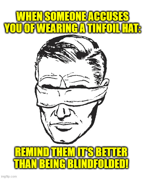 WHEN SOMEONE ACCUSES YOU OF WEARING A TINFOIL HAT:; REMIND THEM IT'S BETTER THAN BEING BLINDFOLDED! | made w/ Imgflip meme maker