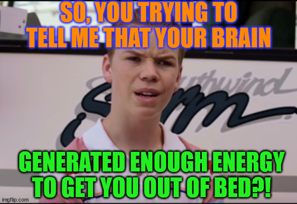 You Guys are Getting Paid | SO, YOU TRYING TO TELL ME THAT YOUR BRAIN; GENERATED ENOUGH ENERGY TO GET YOU OUT OF BED?! | image tagged in you guys are getting paid | made w/ Imgflip meme maker
