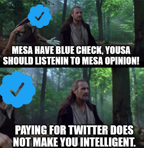 Paying for Twitter does not make you intelligent. | MESA HAVE BLUE CHECK, YOUSA SHOULD LISTENIN TO MESA OPINION! PAYING FOR TWITTER DOES NOT MAKE YOU INTELLIGENT. | image tagged in the ability to speak,twitter | made w/ Imgflip meme maker