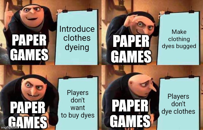 Gru's Plan | Introduce clothes dyeing; Make clothing dyes bugged; PAPER GAMES; PAPER GAMES; Players don't want to buy dyes; Players don't dye clothes; PAPER GAMES; PAPER GAMES | image tagged in memes,gru's plan,shining nikki | made w/ Imgflip meme maker