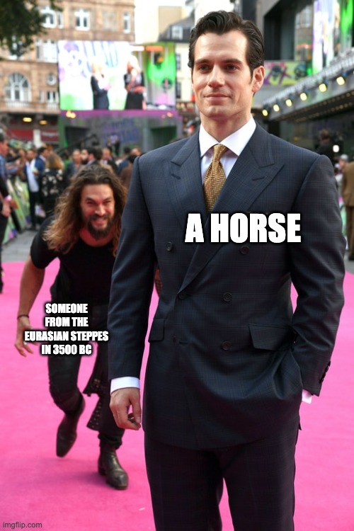 How we got MLP | A HORSE; SOMEONE FROM THE EURASIAN STEPPES IN 3500 BC | image tagged in jason momoa henry cavill meme | made w/ Imgflip meme maker