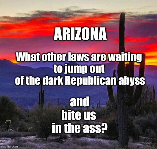 Arizona Laws | ARIZONA; What other laws are waiting 
to jump out 
of the dark Republican abyss; and 
bite us 
in the ass? | image tagged in arizona,dark abyss | made w/ Imgflip meme maker