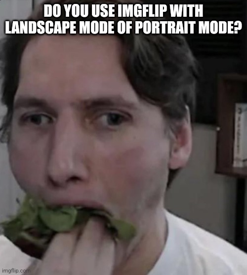 I use landscape mode | DO YOU USE IMGFLIP WITH LANDSCAPE MODE OF PORTRAIT MODE? | image tagged in jerma eating lettuce | made w/ Imgflip meme maker