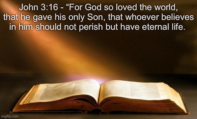 Bible  | John 3:16 - “For God so loved the world, that he gave his only Son, that whoever believes in him should not perish but have eternal life. | image tagged in bible | made w/ Imgflip meme maker