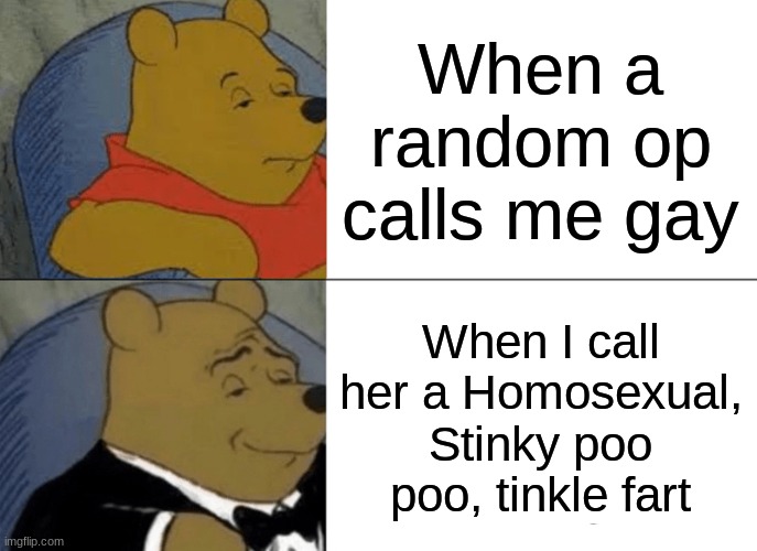 Tuxedo Winnie The Pooh Meme | When a random op calls me gay; When I call her a Homosexual, Stinky poo poo, tinkle fart | image tagged in memes,tuxedo winnie the pooh | made w/ Imgflip meme maker