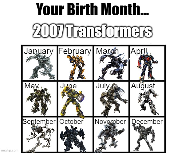 Tell me what character you have on your birth month | 2007 Transformers | image tagged in birth month alignment chart | made w/ Imgflip meme maker