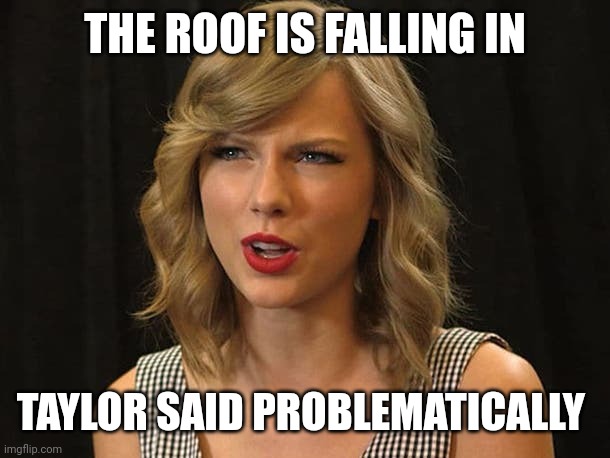 Taylor said problematically | THE ROOF IS FALLING IN; TAYLOR SAID PROBLEMATICALLY | image tagged in taylor swiftie | made w/ Imgflip meme maker