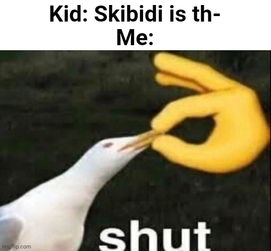 SHUT | Kid: Skibidi is th-
Me: | image tagged in shut | made w/ Imgflip meme maker