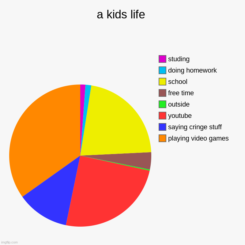 a kids life | playing video games, saying cringe stuff, youtube, outside, free time, school, doing homework, studing | image tagged in charts,pie charts | made w/ Imgflip chart maker