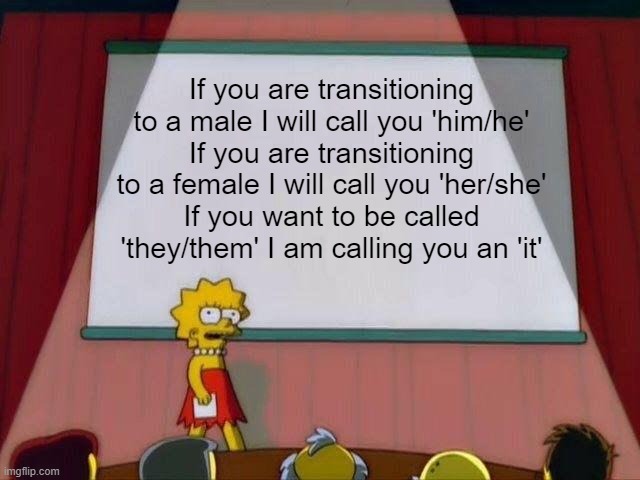 They/them | If you are transitioning to a male I will call you 'him/he'
If you are transitioning to a female I will call you 'her/she'
If you want to be called 'they/them' I am calling you an 'it' | image tagged in lisa simpson's presentation,pronouns | made w/ Imgflip meme maker
