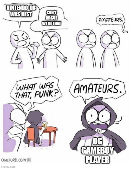 Amateurs | NINTENDO  DS
WAS BEST CAN'T ARGUE
WITH THAT OG
GAMEBOY
PLAYER | image tagged in amateurs | made w/ Imgflip meme maker