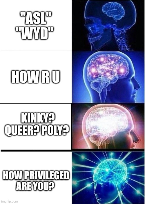 Expanding Brain Meme | "ASL" "WYD"; HOW R U; KINKY? QUEER? POLY? HOW PRIVILEGED ARE YOU? | image tagged in memes,expanding brain | made w/ Imgflip meme maker