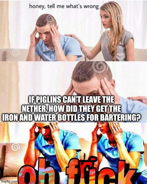 Some lore ig | IF PIGLINS CAN’T LEAVE THE NETHER, HOW DID THEY GET THE IRON AND WATER BOTTLES FOR BARTERING? | image tagged in oh frick | made w/ Imgflip meme maker