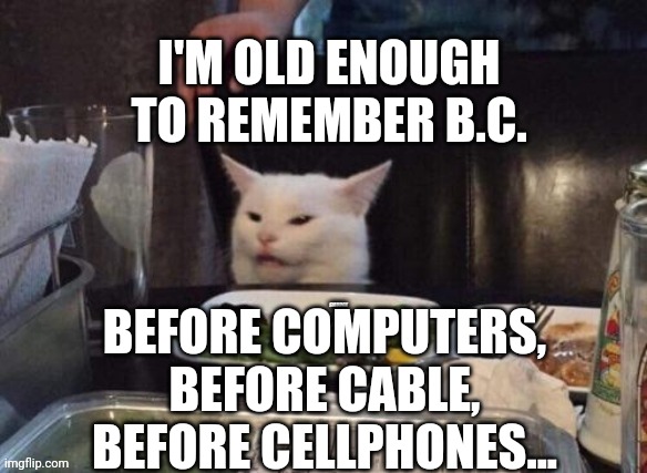 Smudge that darn cat | I'M OLD ENOUGH TO REMEMBER B.C. BEFORE COMPUTERS, BEFORE CABLE, BEFORE CELLPHONES... | image tagged in smudge that darn cat | made w/ Imgflip meme maker
