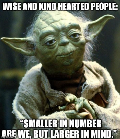 Yoda's Truths | WISE AND KIND HEARTED PEOPLE:; “SMALLER IN NUMBER ARE WE, BUT LARGER IN MIND.” | image tagged in memes,star wars yoda,my goodness what an idea why didn't i think of that | made w/ Imgflip meme maker