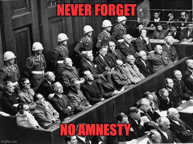 Nuremberg Trials | NEVER FORGET NO AMNESTY | image tagged in nuremberg trials | made w/ Imgflip meme maker