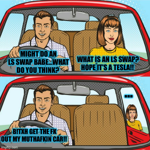Ls Swap | MIGHT DO AN LS SWAP BABE…WHAT DO YOU THINK? WHAT IS AN LS SWAP? HOPE IT’S A TESLA!! …; B!TXH GET THE FK OUT MY MUTHAFKIN CAR!! | image tagged in guy girl in a car | made w/ Imgflip meme maker
