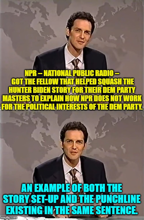 Having gone totally WOKE, NPR is finding it more and more difficult not to go BROKE. | NPR -- NATIONAL PUBLIC RADIO --  GOT THE FELLOW THAT HELPED SQUASH THE HUNTER BIDEN STORY FOR THEIR DEM PARTY MASTERS TO EXPLAIN HOW NPR DOES NOT WORK FOR THE POLITICAL INTERESTS OF THE DEM PARTY. AN EXAMPLE OF BOTH THE STORY SET-UP AND THE PUNCHLINE EXISTING IN THE SAME SENTENCE. | image tagged in weekend update with norm | made w/ Imgflip meme maker