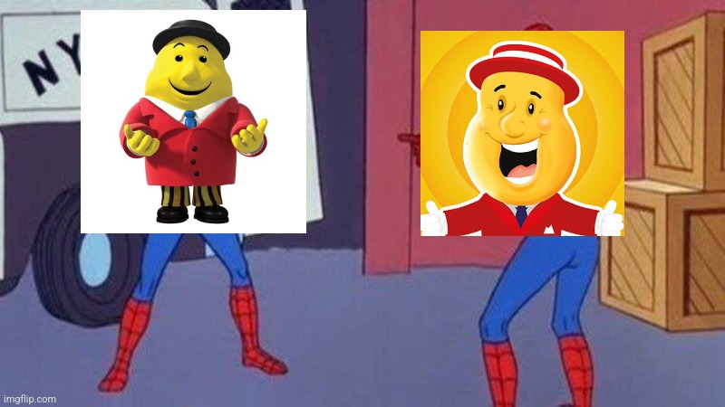 When Mr. Tayto meets his counterpart from Northern Ireland known as the North as I refer to. | image tagged in spiderman pointing at spiderman | made w/ Imgflip meme maker
