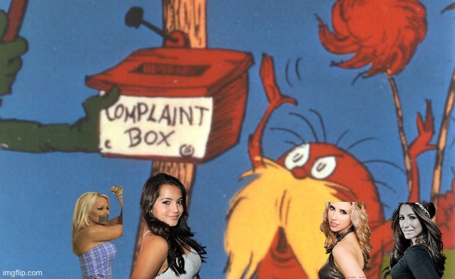 Stuff All 4 Girls in 1 Complaint Box | image tagged in lorax complaint box,girls,deviantart,girl,tight,squeeze | made w/ Imgflip meme maker