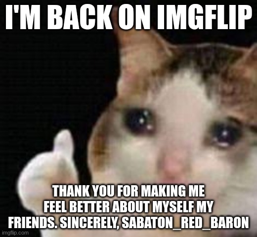 Approved crying cat | I'M BACK ON IMGFLIP; THANK YOU FOR MAKING ME FEEL BETTER ABOUT MYSELF MY FRIENDS. SINCERELY, SABATON_RED_BARON | image tagged in approved crying cat | made w/ Imgflip meme maker