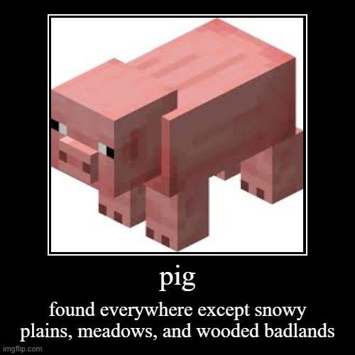 pig | found everywhere except snowy plains, meadows, and wooded badlands | image tagged in funny,demotivationals | made w/ Imgflip demotivational maker
