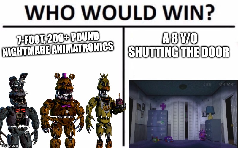 how can they not use doornobs? | 7-FOOT, 200+ POUND NIGHTMARE ANIMATRONICS; A 8 Y/O SHUTTING THE DOOR | image tagged in memes,who would win | made w/ Imgflip meme maker