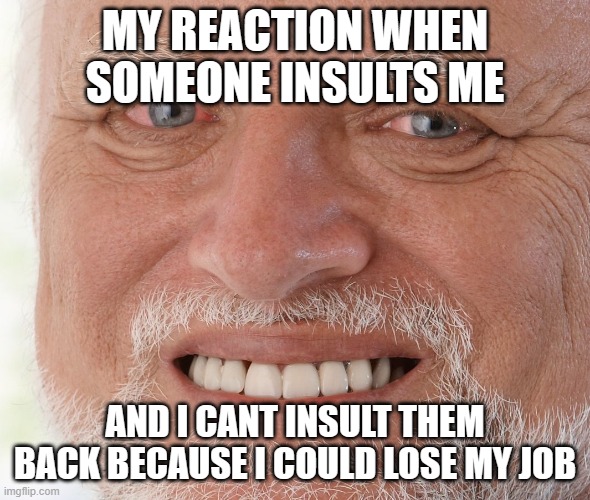 it makes me angry | MY REACTION WHEN SOMEONE INSULTS ME; AND I CANT INSULT THEM BACK BECAUSE I COULD LOSE MY JOB | image tagged in hide the pain harold | made w/ Imgflip meme maker