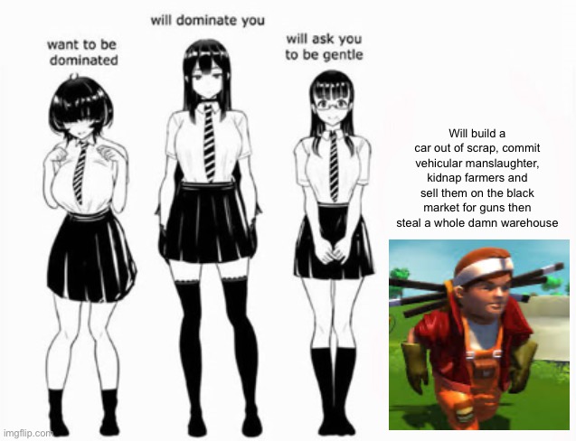 Domination stats | Will build a car out of scrap, commit vehicular manslaughter, kidnap farmers and sell them on the black market for guns then steal a whole damn warehouse | image tagged in domination stats | made w/ Imgflip meme maker