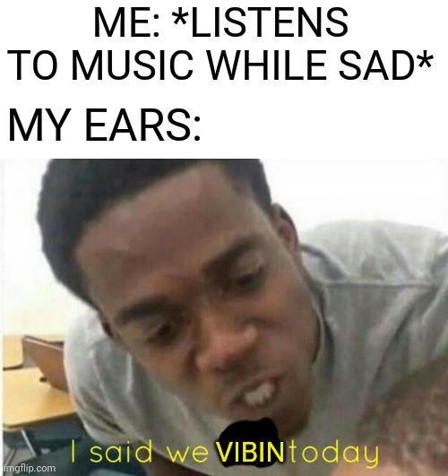 i said we vibin today | ME: *LISTENS TO MUSIC WHILE SAD*; MY EARS:; VIBIN | image tagged in i said we ____ today,vibing | made w/ Imgflip meme maker