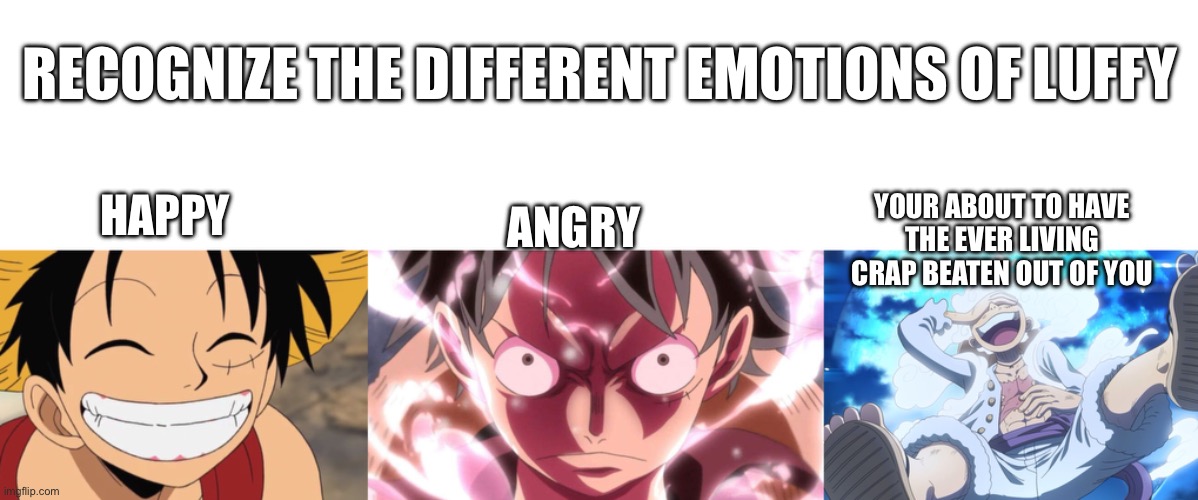Luffy | RECOGNIZE THE DIFFERENT EMOTIONS OF LUFFY; YOUR ABOUT TO HAVE THE EVER LIVING CRAP BEATEN OUT OF YOU; HAPPY; ANGRY | image tagged in anime meme,one piece,emotions | made w/ Imgflip meme maker