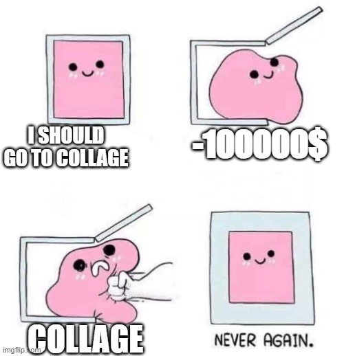 DON'T GO TO COLLAGE | I SHOULD GO TO COLLAGE; -100000$; COLLAGE | image tagged in never again | made w/ Imgflip meme maker