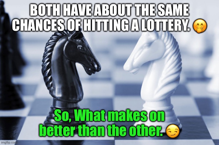 Green is the color that Matters | BOTH HAVE ABOUT THE SAME CHANCES OF HITTING A LOTTERY. 🤭; So, What makes on better than the other. 😏 | image tagged in black and white knight | made w/ Imgflip meme maker