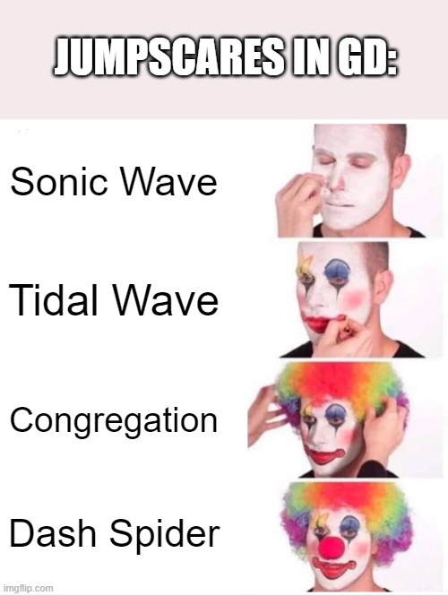 Clown Applying Makeup | JUMPSCARES IN GD:; Sonic Wave; Tidal Wave; Congregation; Dash Spider | image tagged in memes,clown applying makeup | made w/ Imgflip meme maker