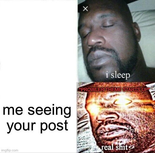 Sleeping Shaq Meme | *PROWLER THEME STARTS UP* me seeing your post | image tagged in memes,sleeping shaq | made w/ Imgflip meme maker